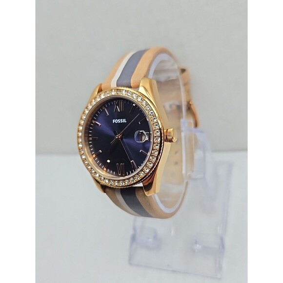 Fossil Scarlette Mini ES4594 Rose Gold Blue Dial Leather Watch New Battery Small - Picture 2 of 12